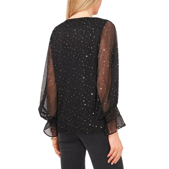 VINCE CAMUTO Women’s Printed Sheer Sleeve Top Sparkle and Shine Size M 14090 - Picture 2 of 2